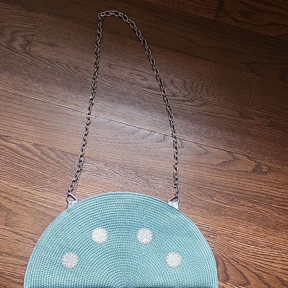Woven Round Crossbody Bag - Light Teal with Silver Accents